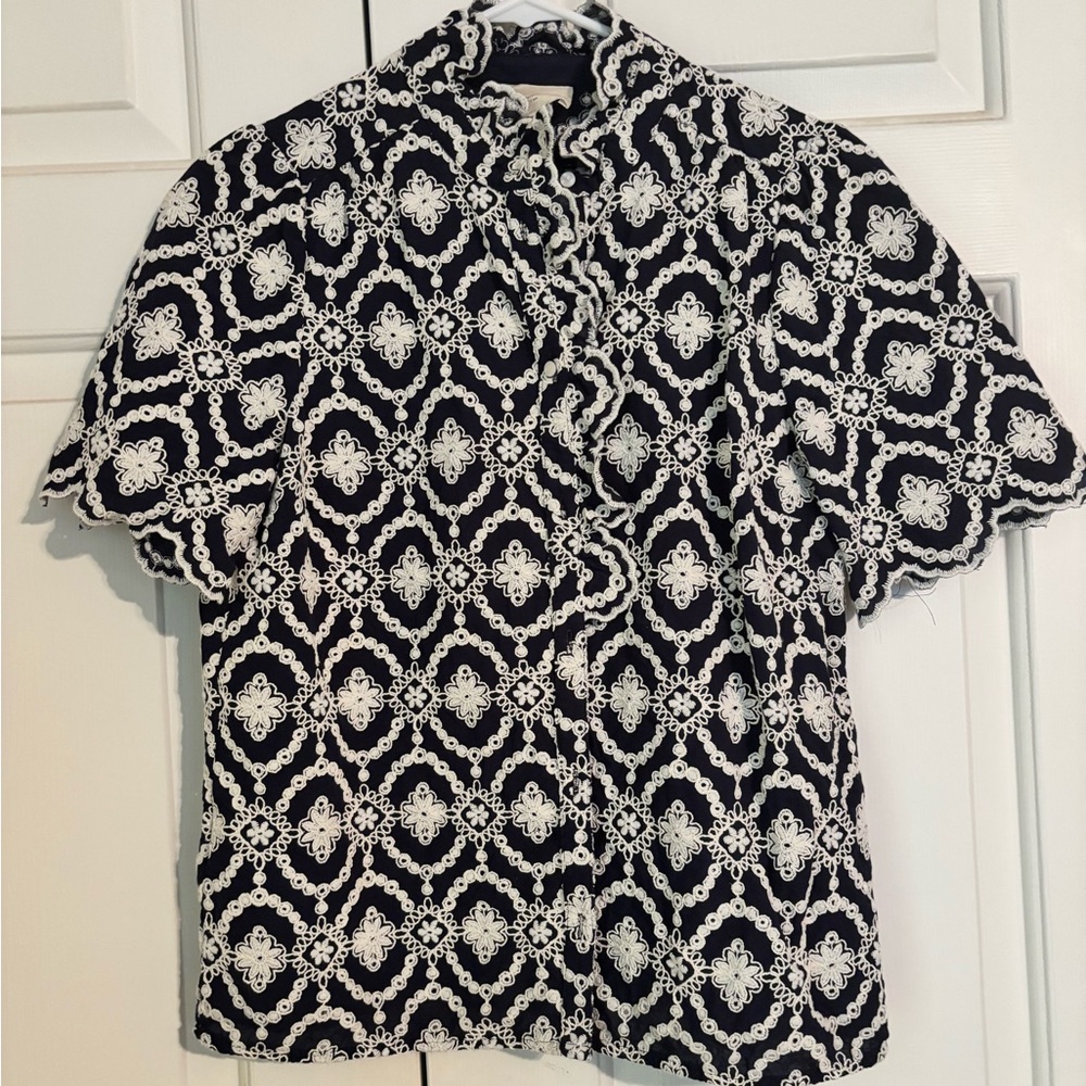 Sezane Black and White Lace Pattern Button-Down Shirt